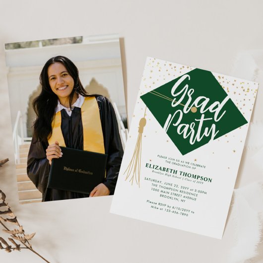 Invitation Casquette moderne GRAD Green Gold Photo Party