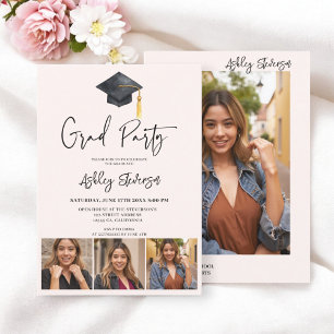 Invitation Casquette moderne rose simple 4 Photo Graduation P