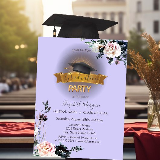 Invitation Casquette noir, Fleurs Clair Purple Graduation