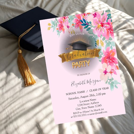Invitation Casquette noir, Fleurs de printemps Graduation