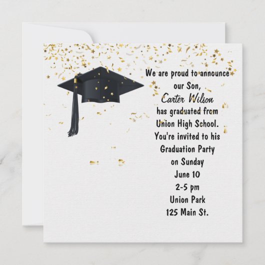 Invitation Casquette noire avec Confetti Or (Devant)