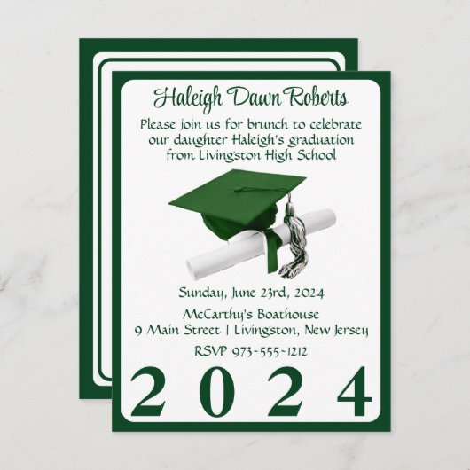 Invitation Casquette photo & Diplôme Vert (Devant / Derrière)