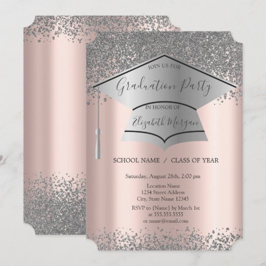 Invitation Casquette Silver Grad, Diagramme Rose Gold Graduat (Devant / Derrière)