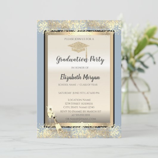 Invitation Casquette, Vin Verre Confetti Dusty Blue Graduatio (Debout devant)