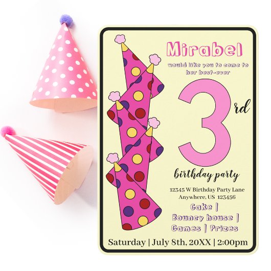 Invitation Casquettes de la fête rose 3e anniversaire Enfants