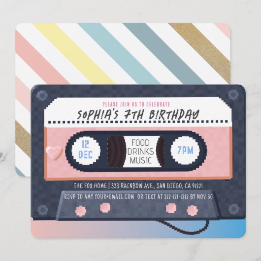 Invitation Cassette des années 80 Musique rose Anniversaire (Devant / Derrière)