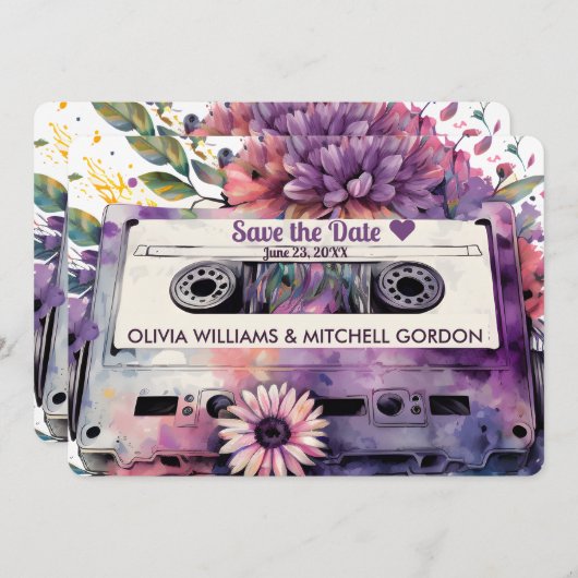 Invitation Cassette Rétro | Mariage floral Enregistrer la dat (Devant / Derrière)