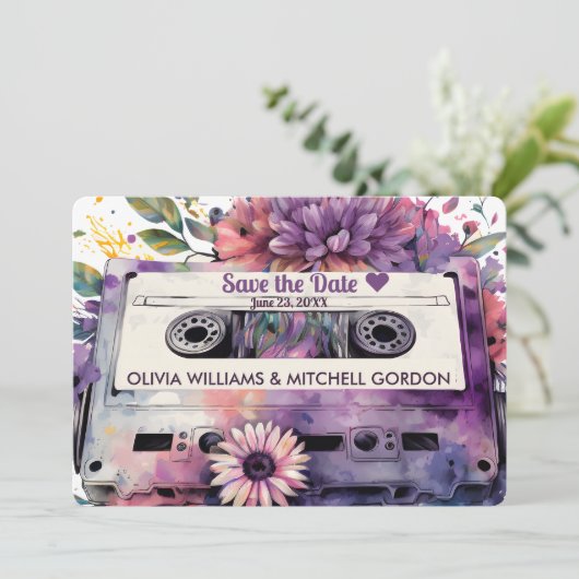 Invitation Cassette Rétro | Mariage floral Enregistrer la dat (Debout devant)