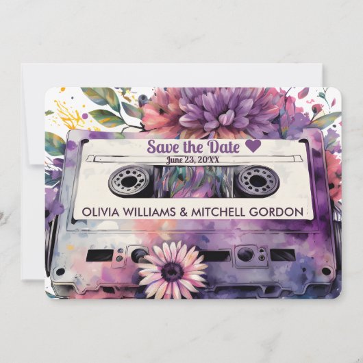 Invitation Cassette Rétro | Mariage floral Enregistrer la dat (Devant)