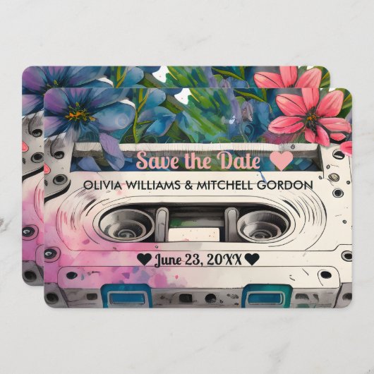 Invitation Cassette Rétro | Mariage floral Enregistrer la dat (Devant / Derrière)