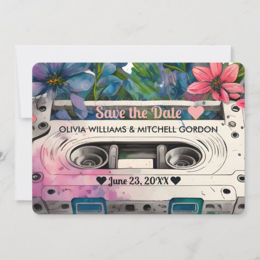 Invitation Cassette Rétro | Mariage floral Enregistrer la dat (Devant)