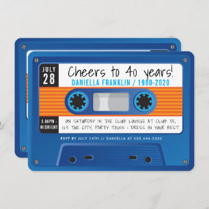 Invitation CASSETTE TAPE disco moderne anniversaire bleu oran