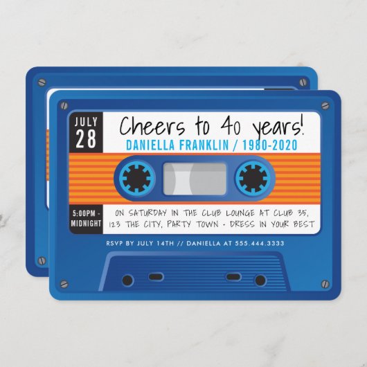 Invitation CASSETTE TAPE discothèque moderne anniversaire ble (Devant / Derrière)