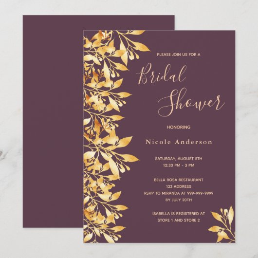 Invitation Cassis botanique violet Fête des mariées or (Devant / Derrière)