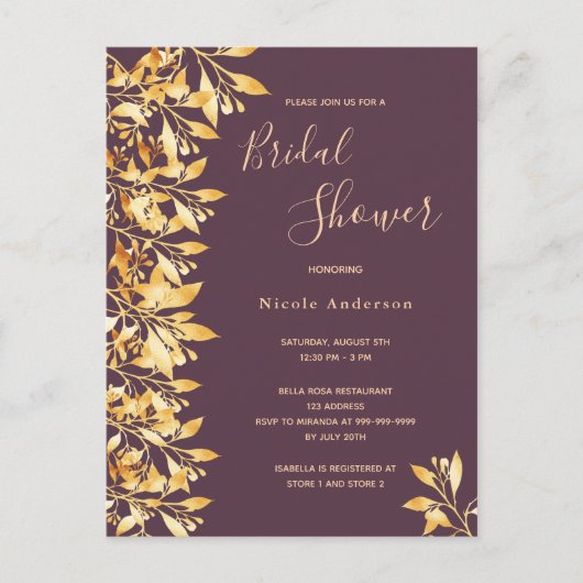 Invitation Cassis en or botanique Douche nuptiale (Devant)