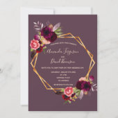 Invitation Cassis flores bordeaux or mariage géométrique (Devant)