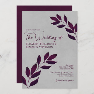 Invitation Cassis mauve Feuilles élégant Mariage gris