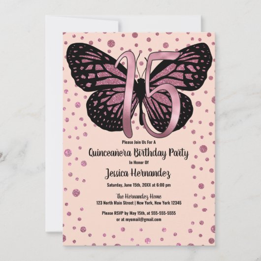 Invitation Cassis Parties scintillant papillon rose Confetti  (Devant)