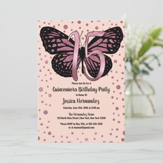 Invitation Cassis Parties scintillant papillon rose Confetti  (Debout devant)