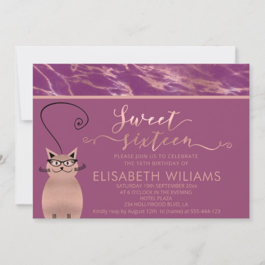 Invitation Cassis rose de marbre d'or calligraphie drôle chat (Devant)