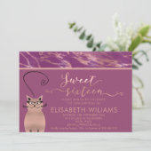 Invitation Cassis rose de marbre d'or calligraphie drôle chat (Debout devant)