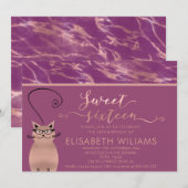 Invitation Cassis rose de marbre d'or calligraphie drôle chat (Devant / Derrière)