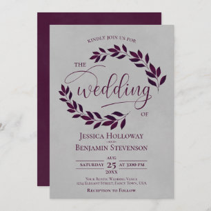 Invitation Cassis rustique violet Feuilles Élégant Mariage gr