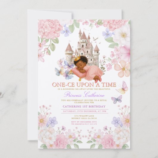 Invitation Castle Floral Pastel Princess 1st Birthday (Devant)