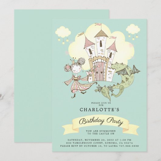 Invitation Castle Princess Dragon Girl's Blue Birthday (Devant / Derrière)