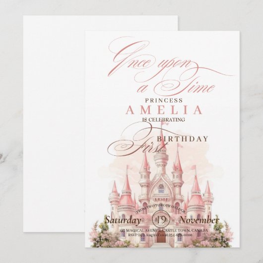 Invitation Castle Princess Pink 1ère fête d'anniversaire (Devant / Derrière)