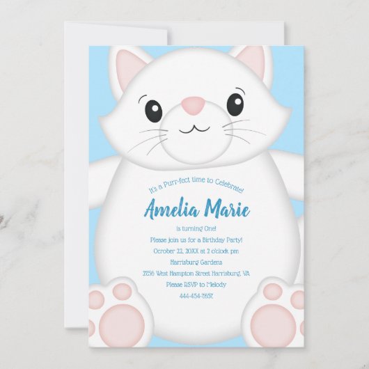 Invitation Cat Anniversaire Fête Kitty Blue (Devant)