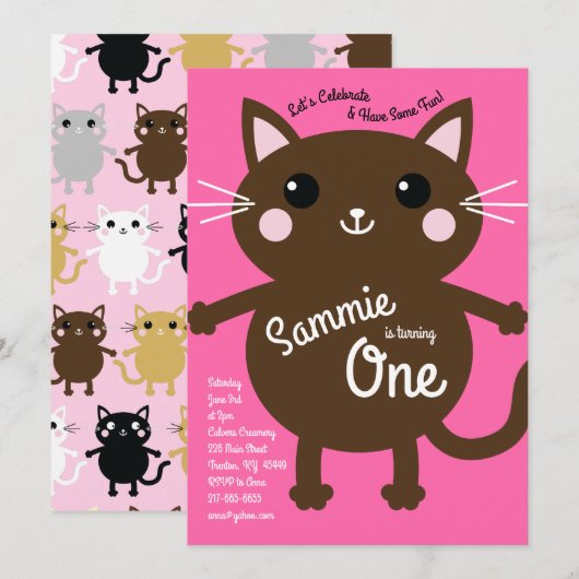 Invitation Cat Kid's Birthday Party Cute Kitty (Devant / Derrière)