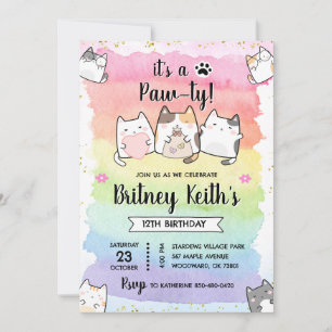 Invitation Cat Kitten Arc en ciel Anniversaire Garçon Invitat