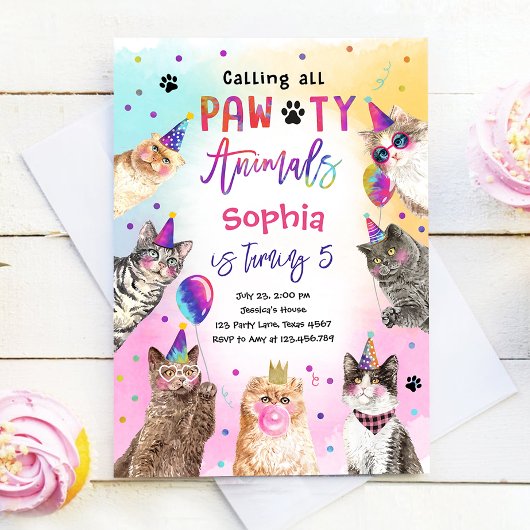 Invitation Cat Kitten Party Pawty Animaux Fille Anniversaire