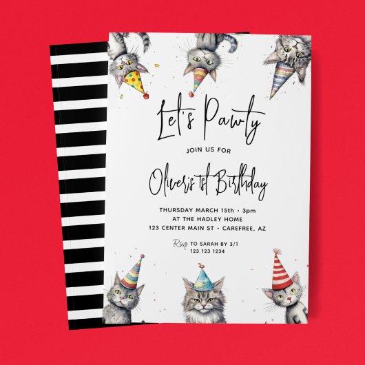 Invitation Cat Let's Pawty 1er anniversaire