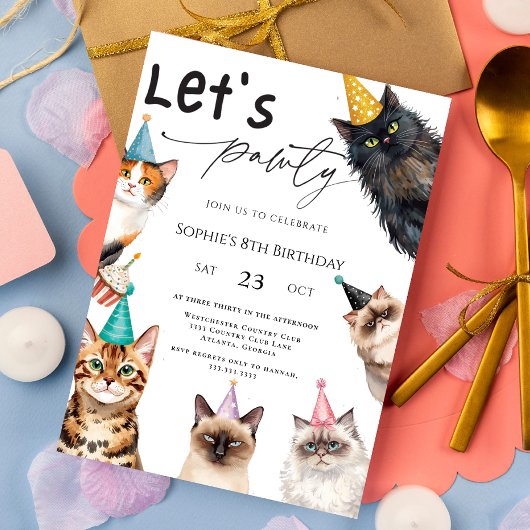 Invitation Cat Let's Pawty Kitten Cute kitty 8e anniversaire