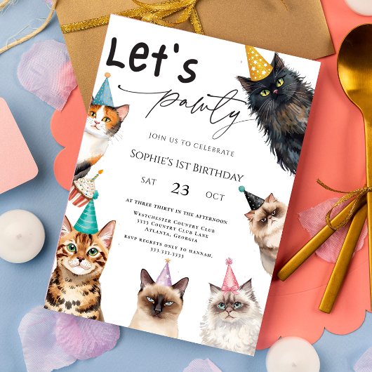 Invitation Cat Let's Pawty Kitten mignon 1er anniversaire