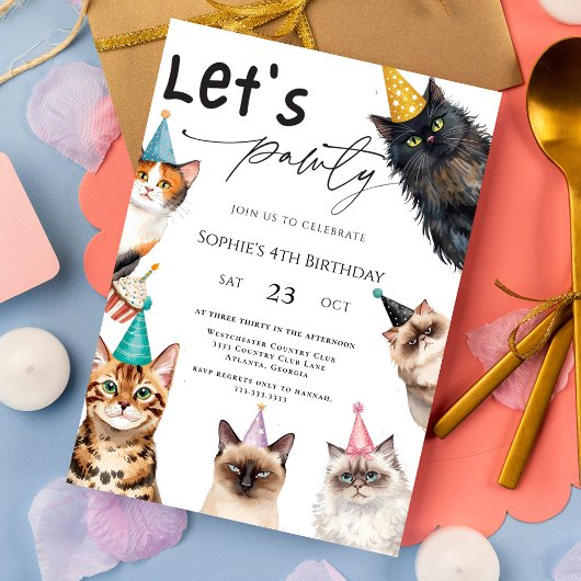 Invitation Cat Let's Pawty Kitten mignon 4e anniversaire