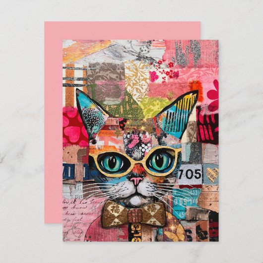 Invitation Cat Mixed Mixed Paper Collage Greeting Card (Devant / Derrière)