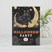 Invitation Cat noir croissant lune florale Halloween noir (Debout devant)