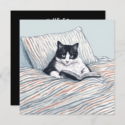Invitation cat reading in bed (Devant / Derrière)