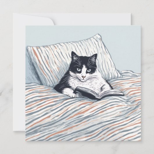 Invitation cat reading in bed (Devant)