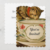 Invitation Cat Teacup Cute Vintage Victorien (Devant / Derrière)