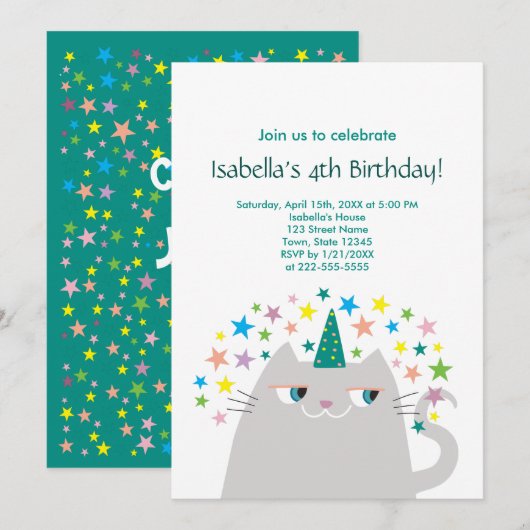 Invitation Cat Unicorn Cute Girl'anniversaire (Devant / Derrière)