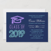 Invitation Catégorie 2019 | Moderne Cool Neon Blue Graduation (Devant)