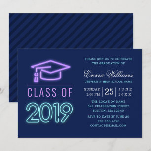 Invitation Catégorie 2019   Moderne Cool Neon Blue Graduation