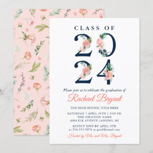 Invitation Catégorie 2024 Aquarelle Corail Floral Graduation