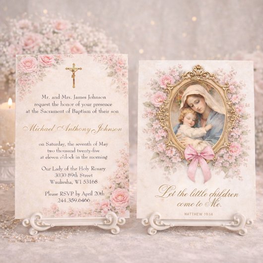 Invitation Catholic Baptism Christening Mary Jesus Roses