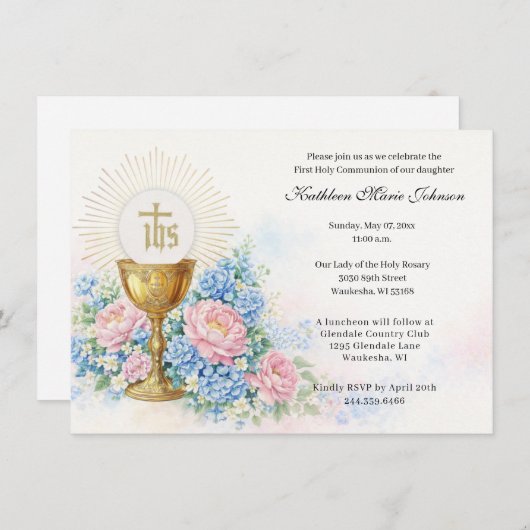 Invitation Catholic First Communion Chalice Host Floral (Devant / Derrière)