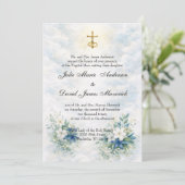 Invitation Catholic Gold Crucifix Blue and White Floral (Debout devant)